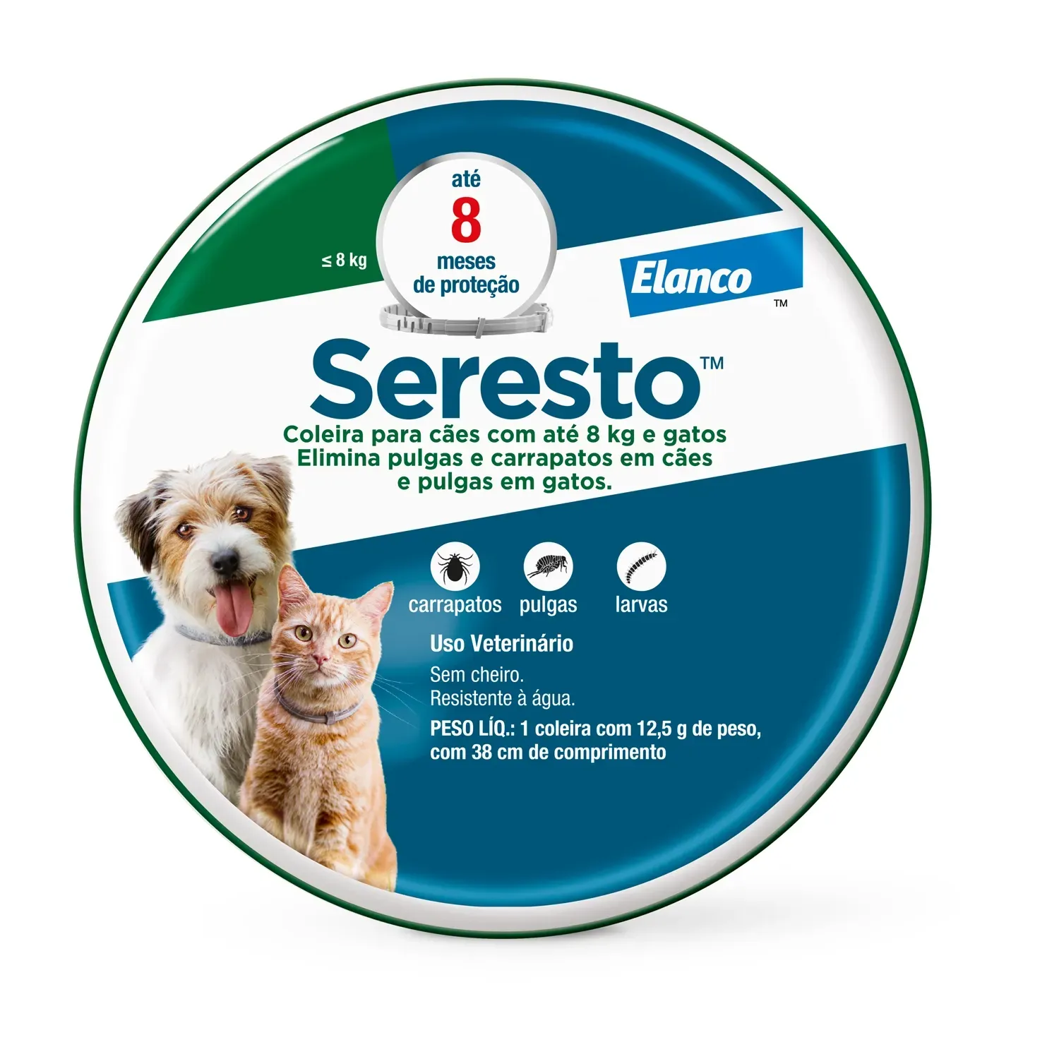 Coleira Antipulgas Seresto Cães e gatos até 8kg - 8 meses de proteção