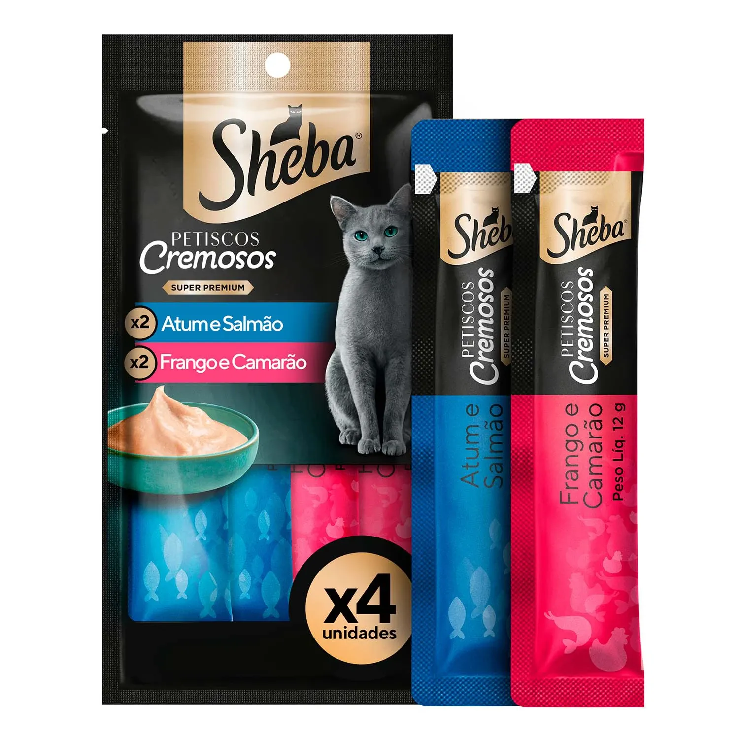 Petisco Sheba Cremoso para Gatos Adultos Atum com Salmão e Frango com Camarão