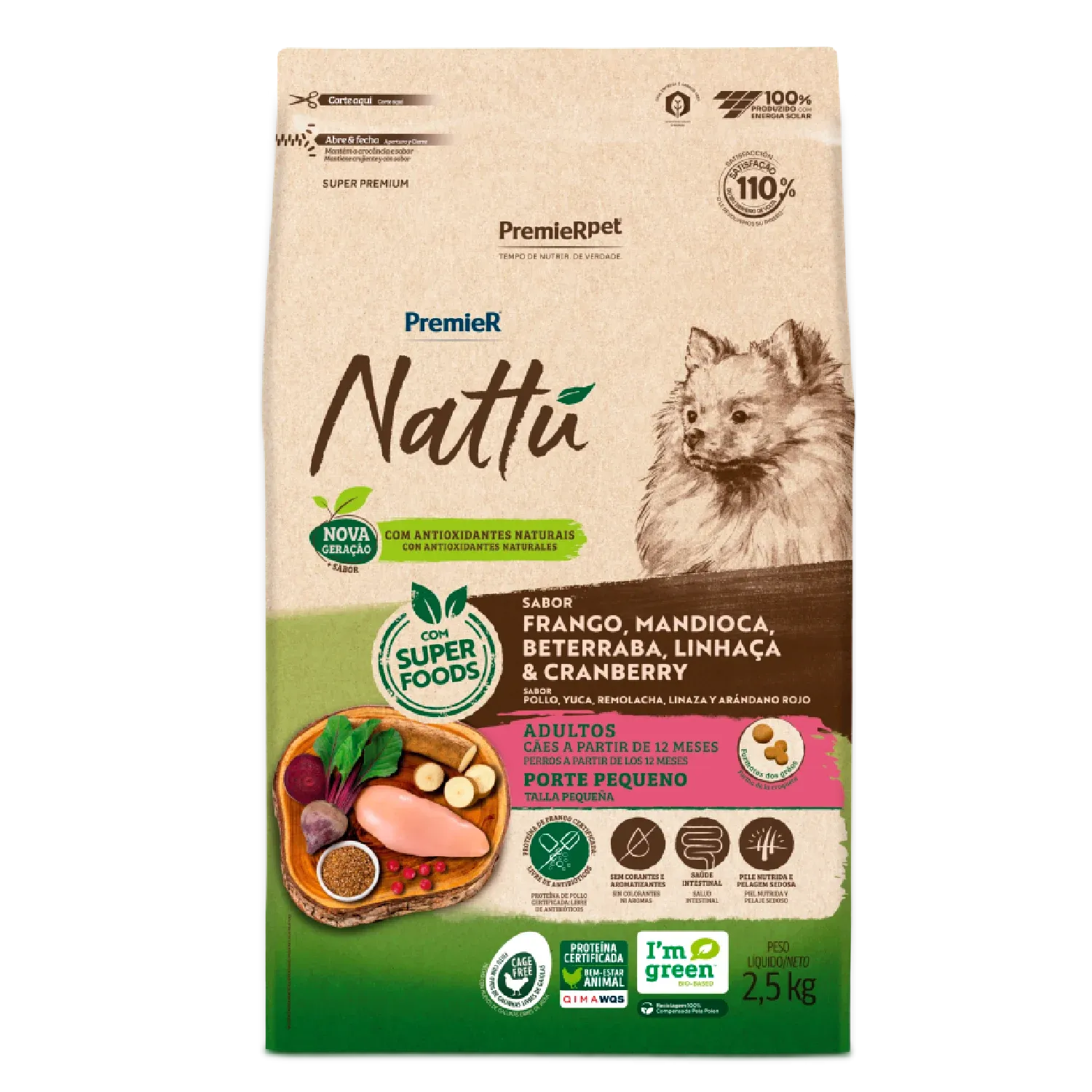 Ração Premier Nattu Cães Adultos Pequeno Porte Mandioca