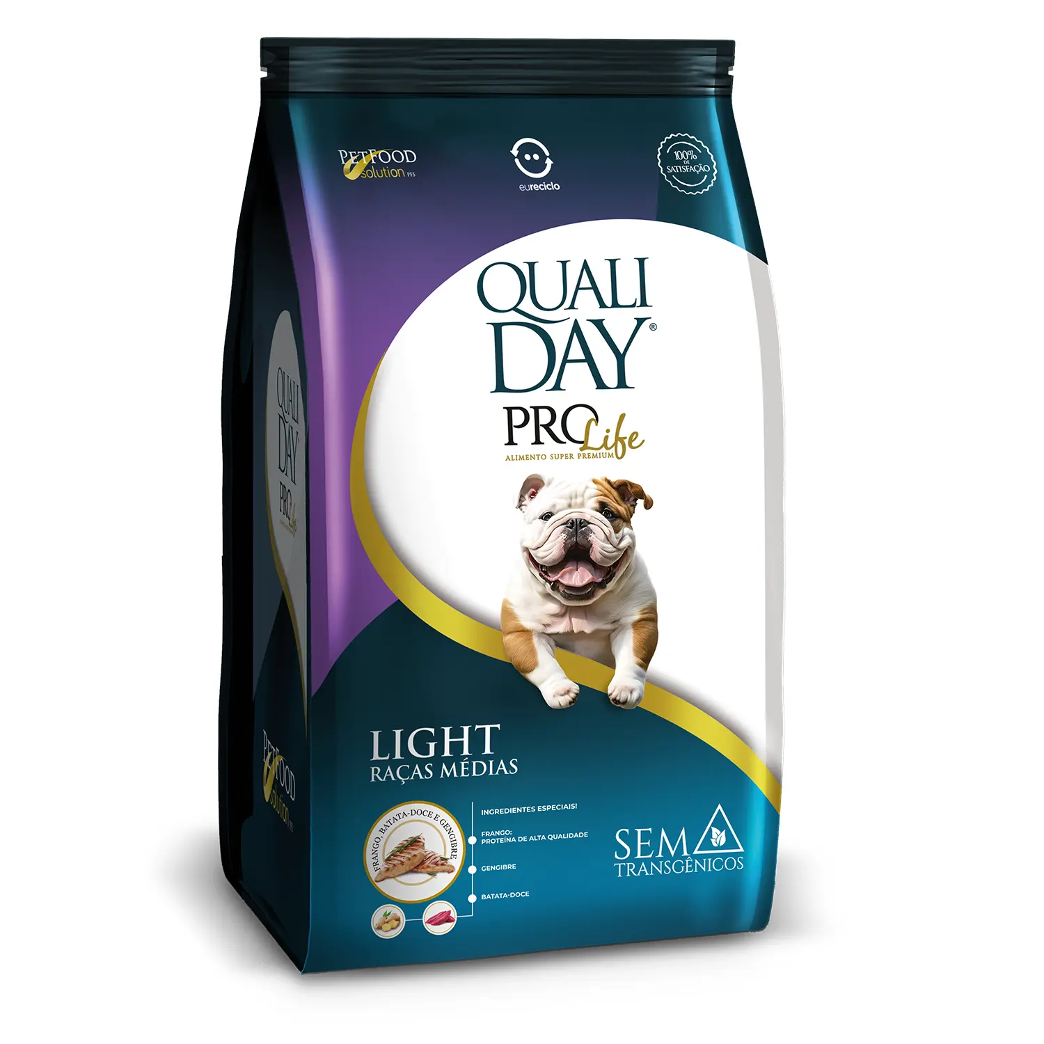 Ração Qualiday Pro Life Light Cães Adultos Raças Médias e Grandes Frango, Batata Doce e Gengibre