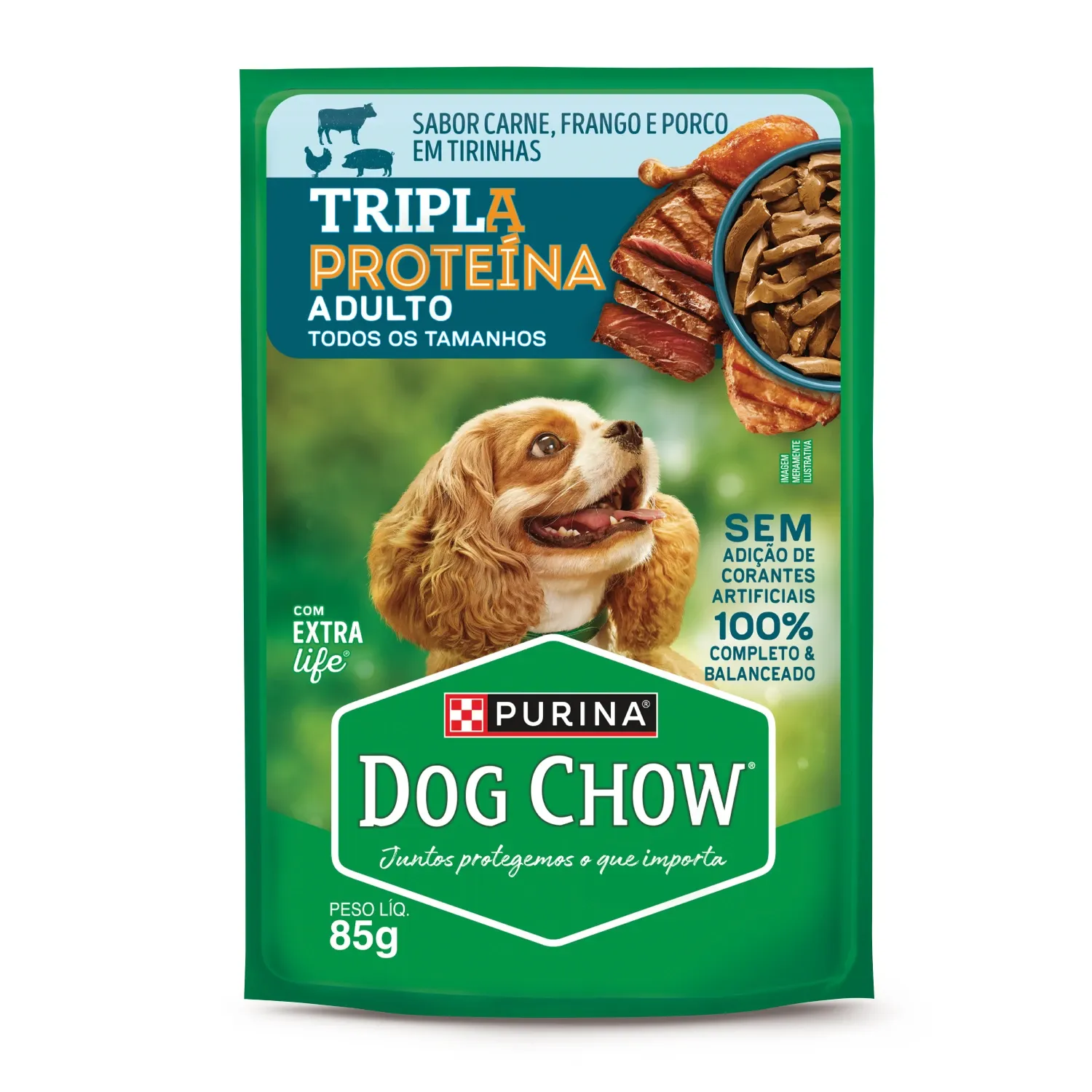 Ração Úmida Dog Chow Cães Adultos Tripla Proteína Carne Frango e Porco em Tirinhas