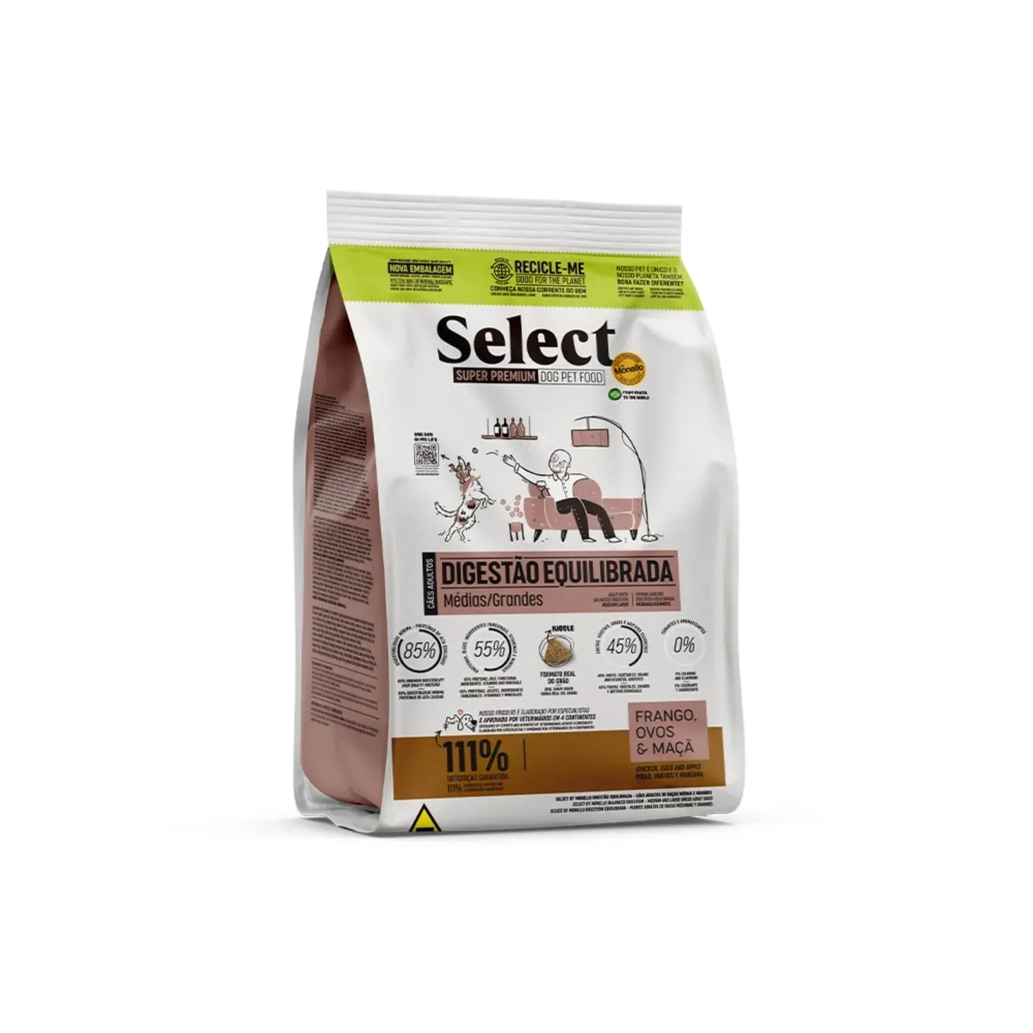 Ração Select Monello Digestão Equilibrada para Cães Adultos Médios e Grandes Frango, Ovos e Maçã