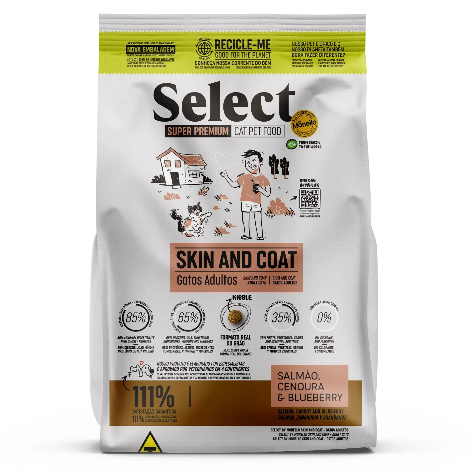 Ração Select Monello Skin And Coat para Gatos Adultos Salmão, Cenoura e Blueberry
