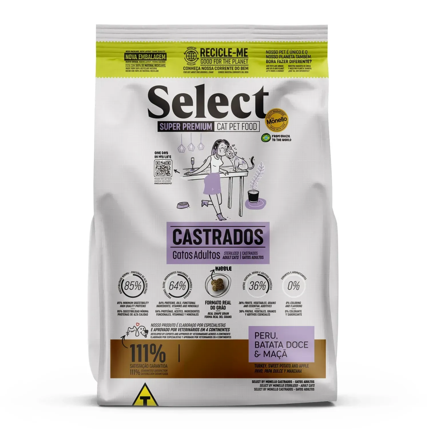 Ração Select Monello para Gatos Adultos Castrados Peru, Batata-Doce e Maçã