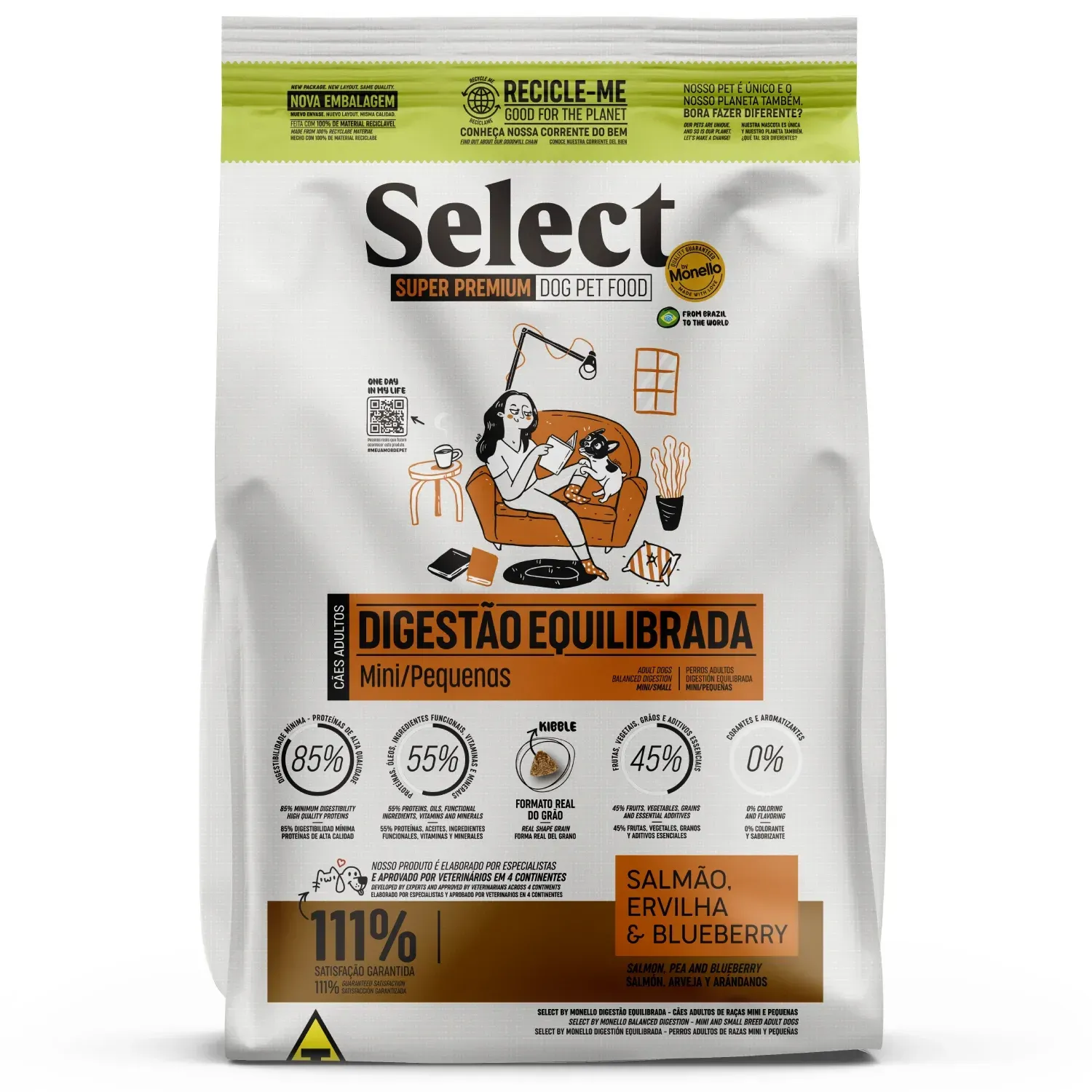Ração Select Monello Digestão Equilibrada para Cães Adultos Minis e Pequenos Salmão, Ervilha e Blueberry