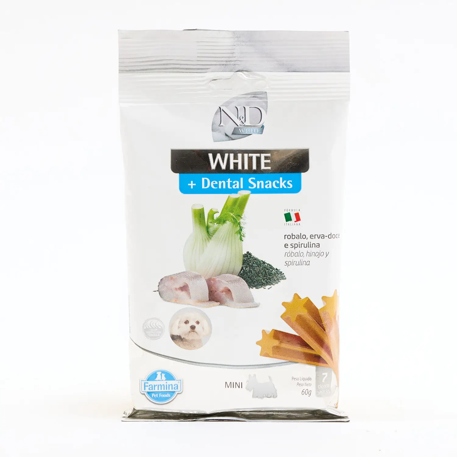 Petisco Dental N&amp;D White Cães Mini e Pequenos Robalo, Erva-Doce e Spirulina